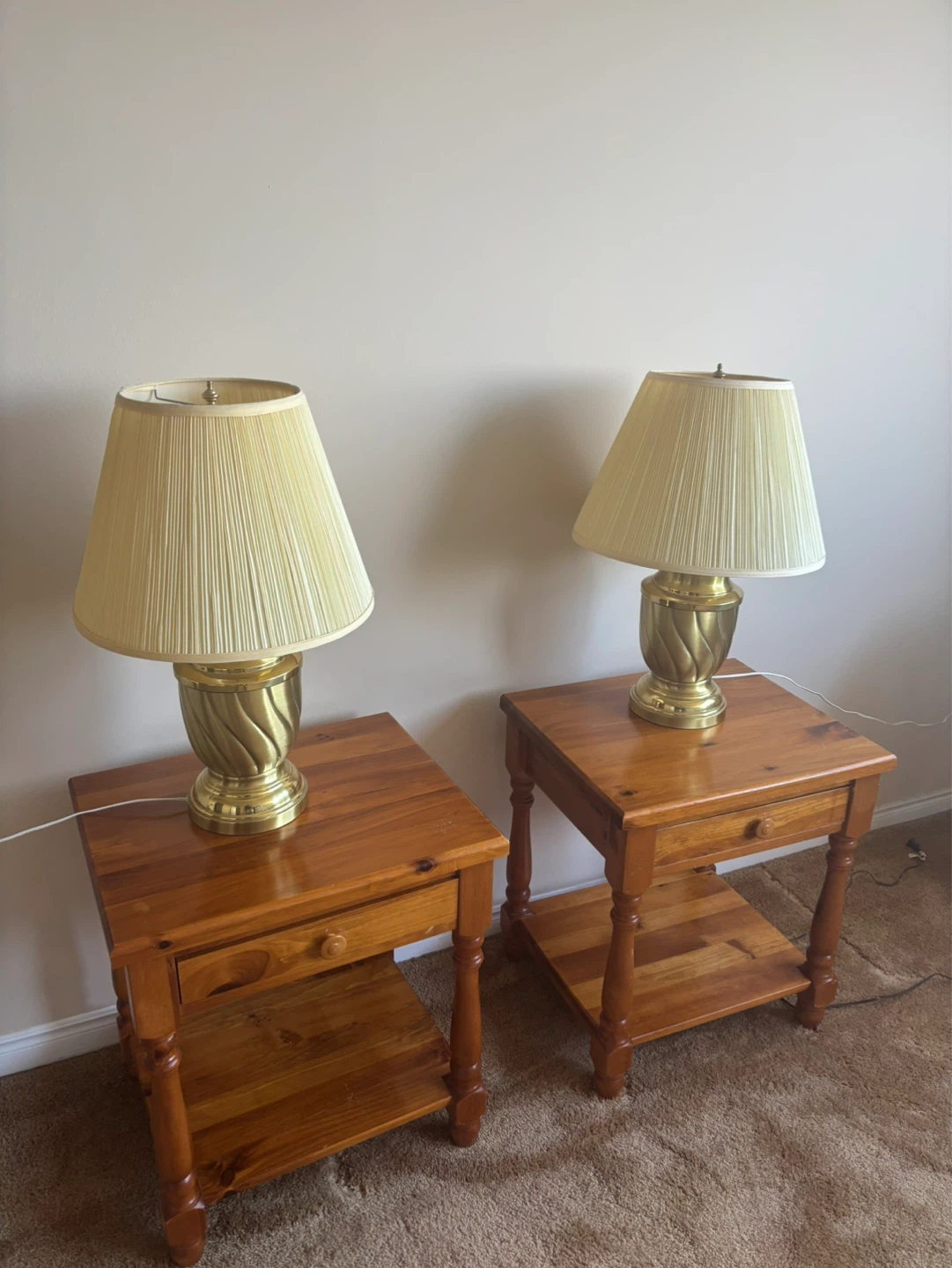 Set of Brass Table Lamps with Pleated Shade