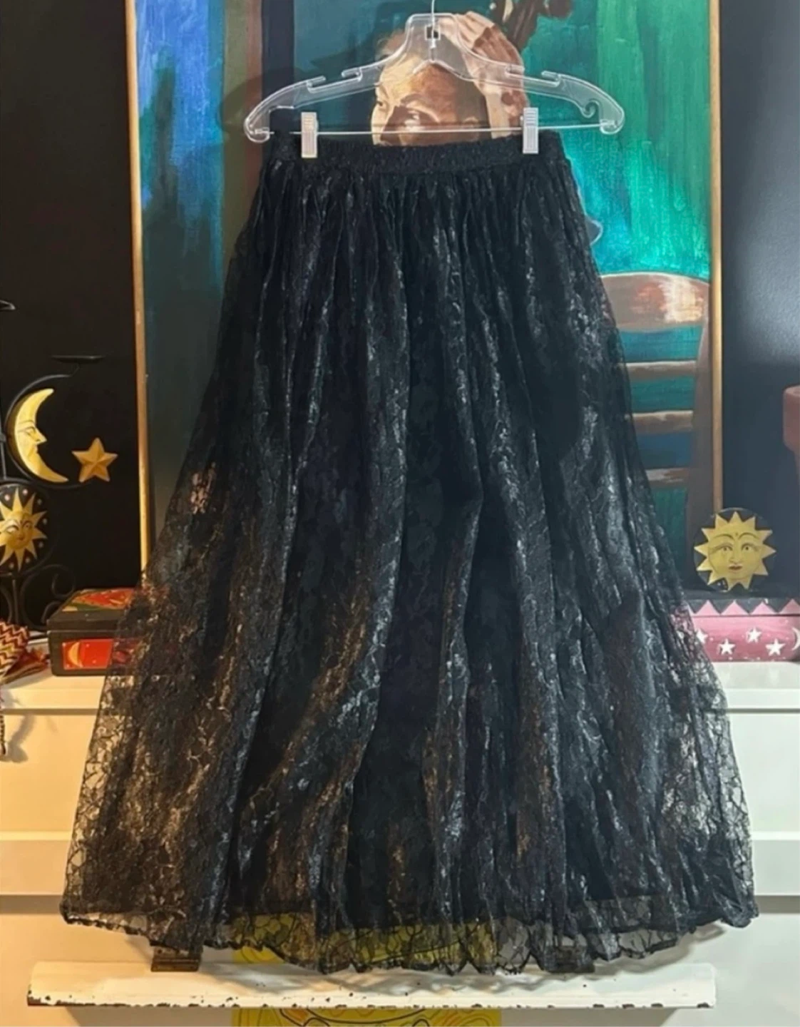 Vintage Black Floral Lace-Tier Pleated Midaxi/Maxi Skirt size M