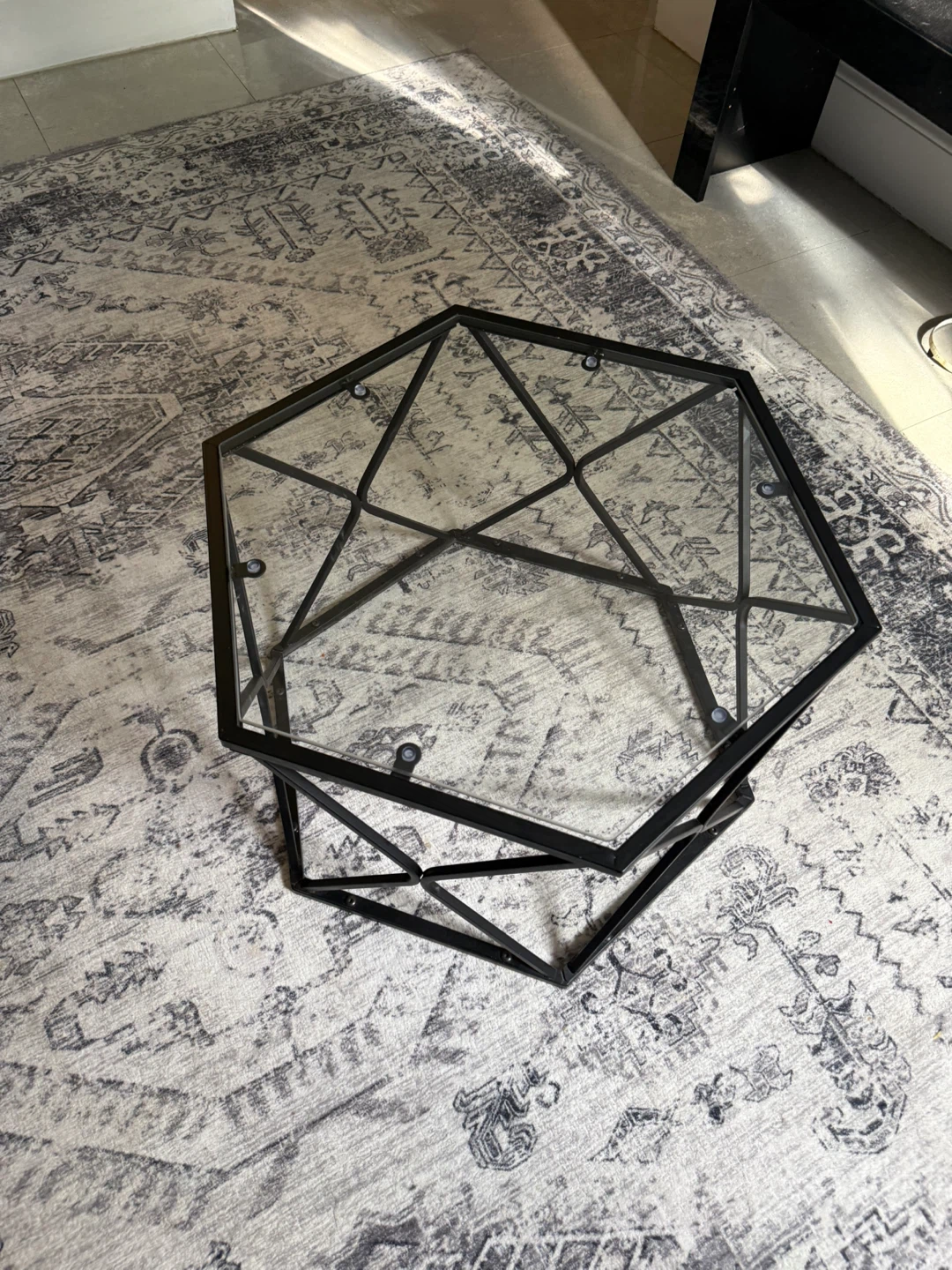 Geometric Metal Frame Glass Top Coffee Table