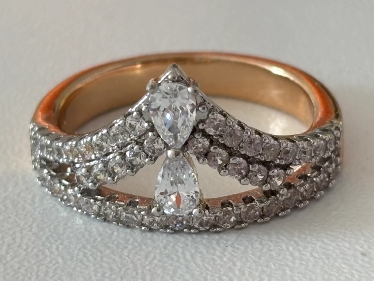 Gold-tone Ring with Pave and Pear-Shaped Stones - photo 2