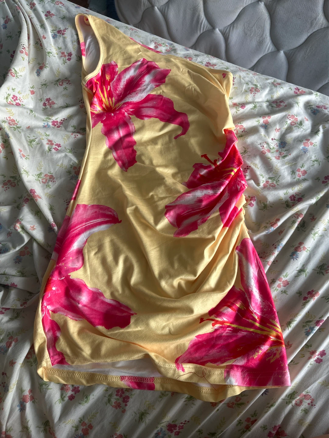 Yellow Ruched Dress with Pink Floral Print