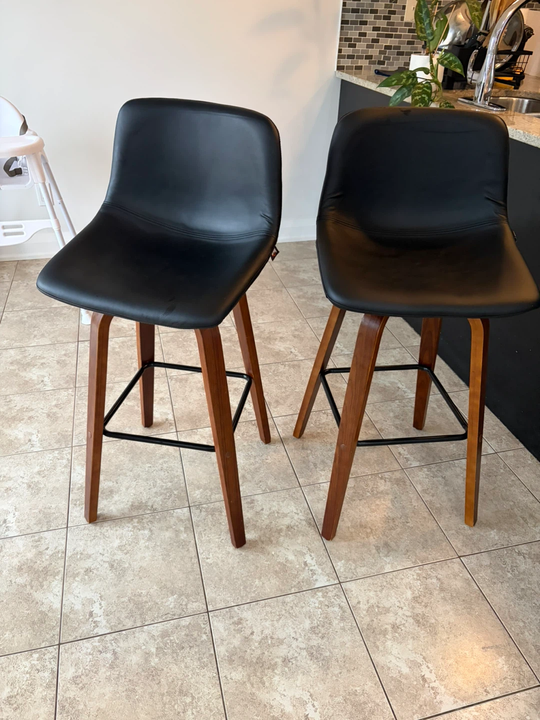 Black Faux Leather Bar Stools with Wooden Legs