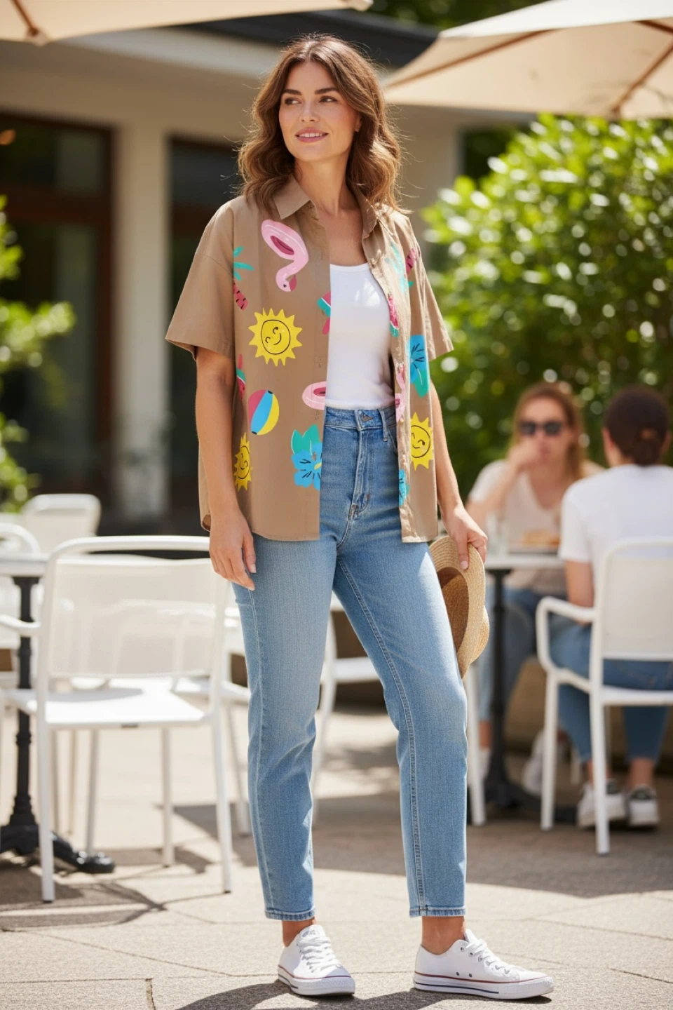 Tan Short Sleeve Button-Up Shirt with Tropical Print - photo 2