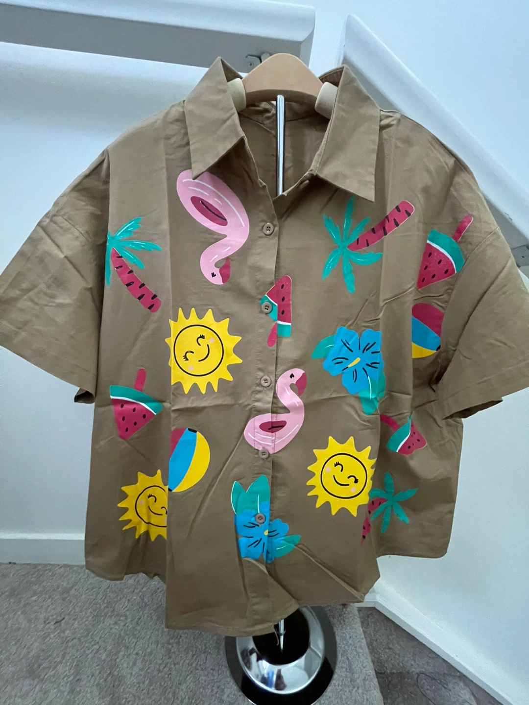 Tan Short Sleeve Button-Up Shirt with Tropical Print
