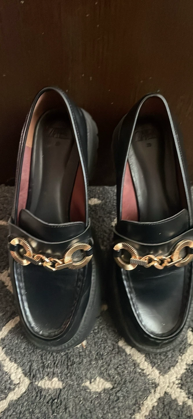 ZARA Black Loafers with Gold Chain - Size 39