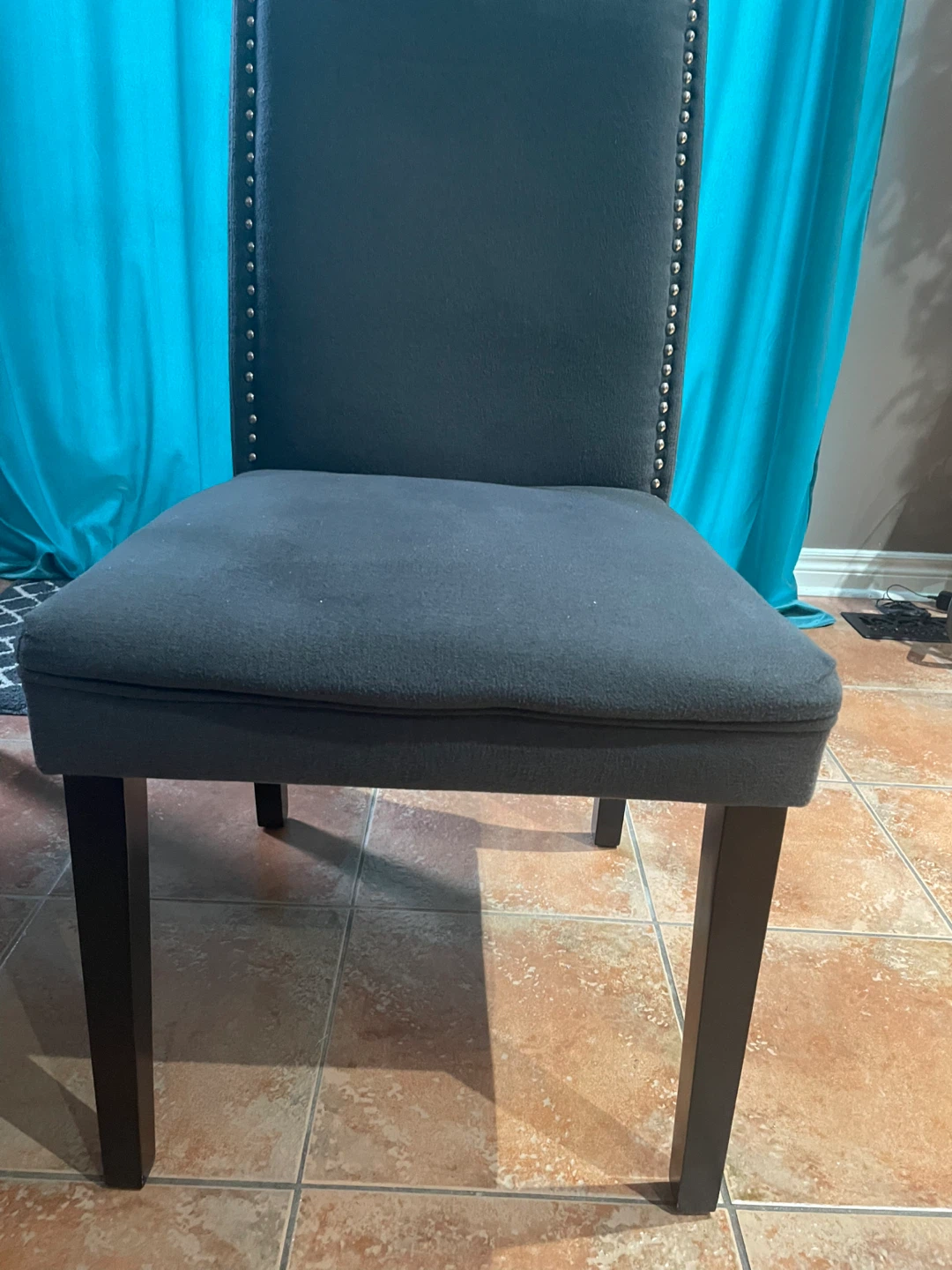 Dark Grey Upholstered Dining Chair with Nailhead Trim