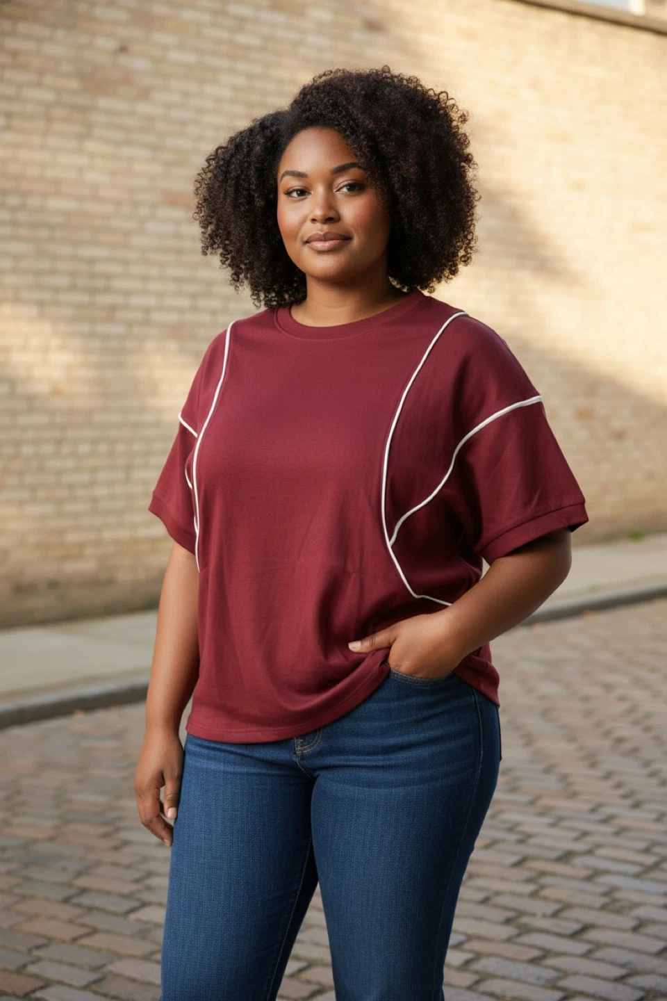 Maroon T-Shirt with White Piping - photo 3
