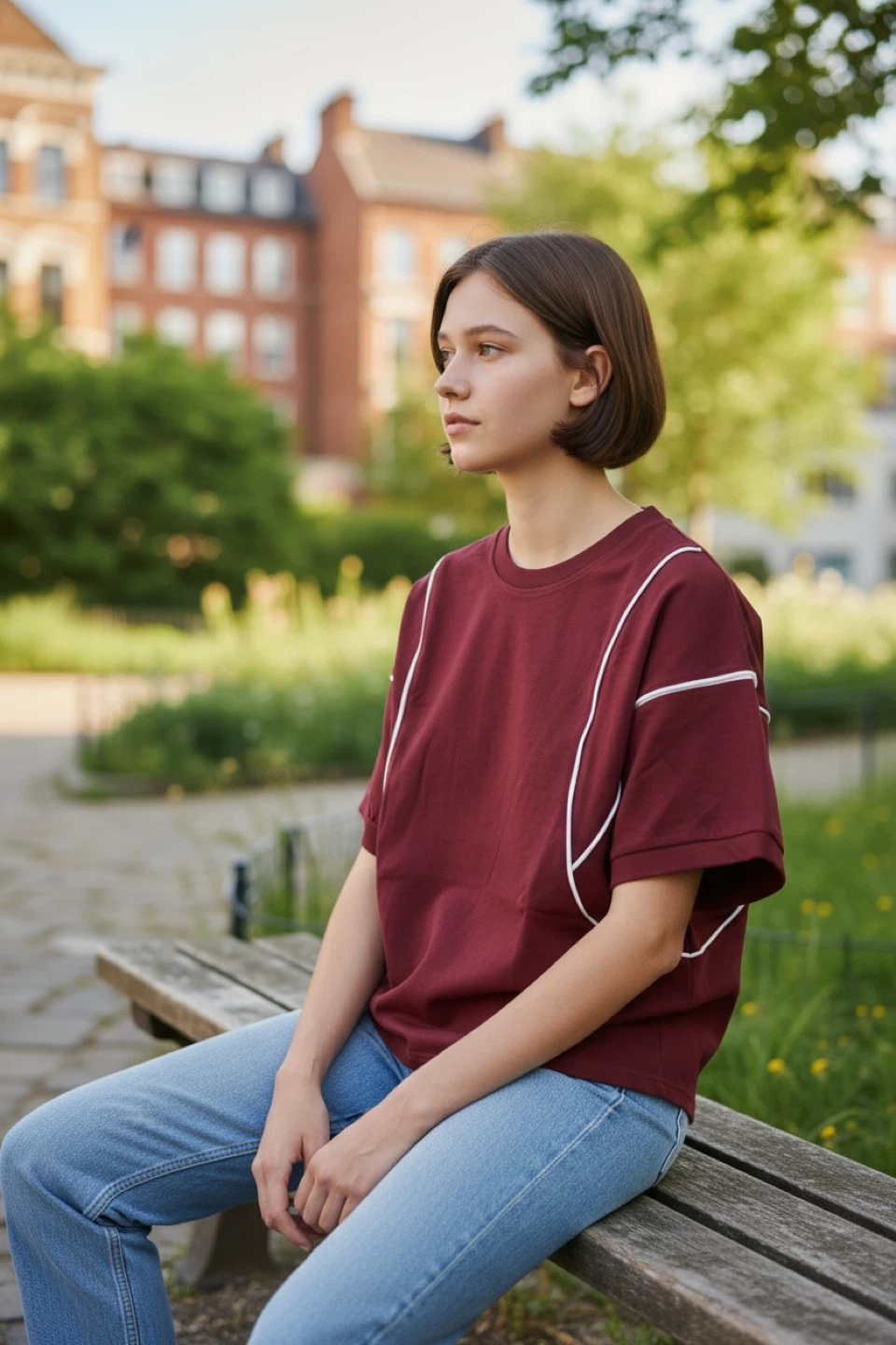 Maroon T-Shirt with White Piping - photo 2