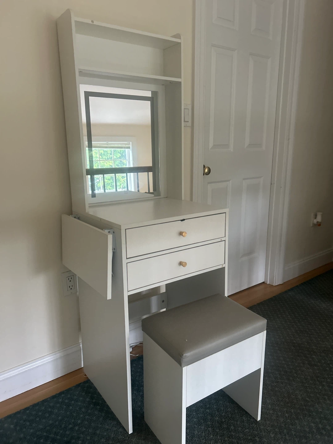 White Vanity Desk with Mirror and Stool - photo 2