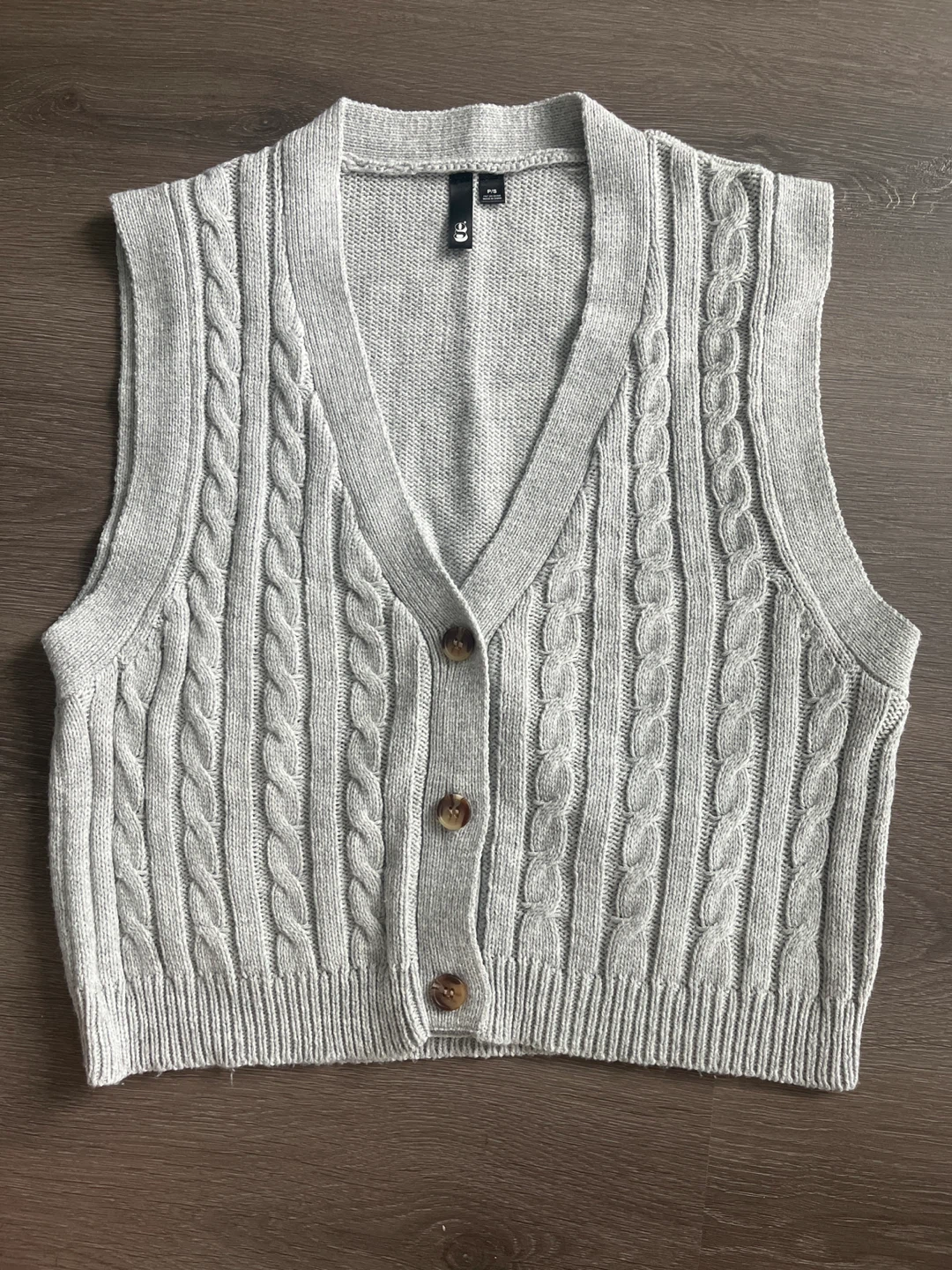Grey Cable Knit Button-Up Vest