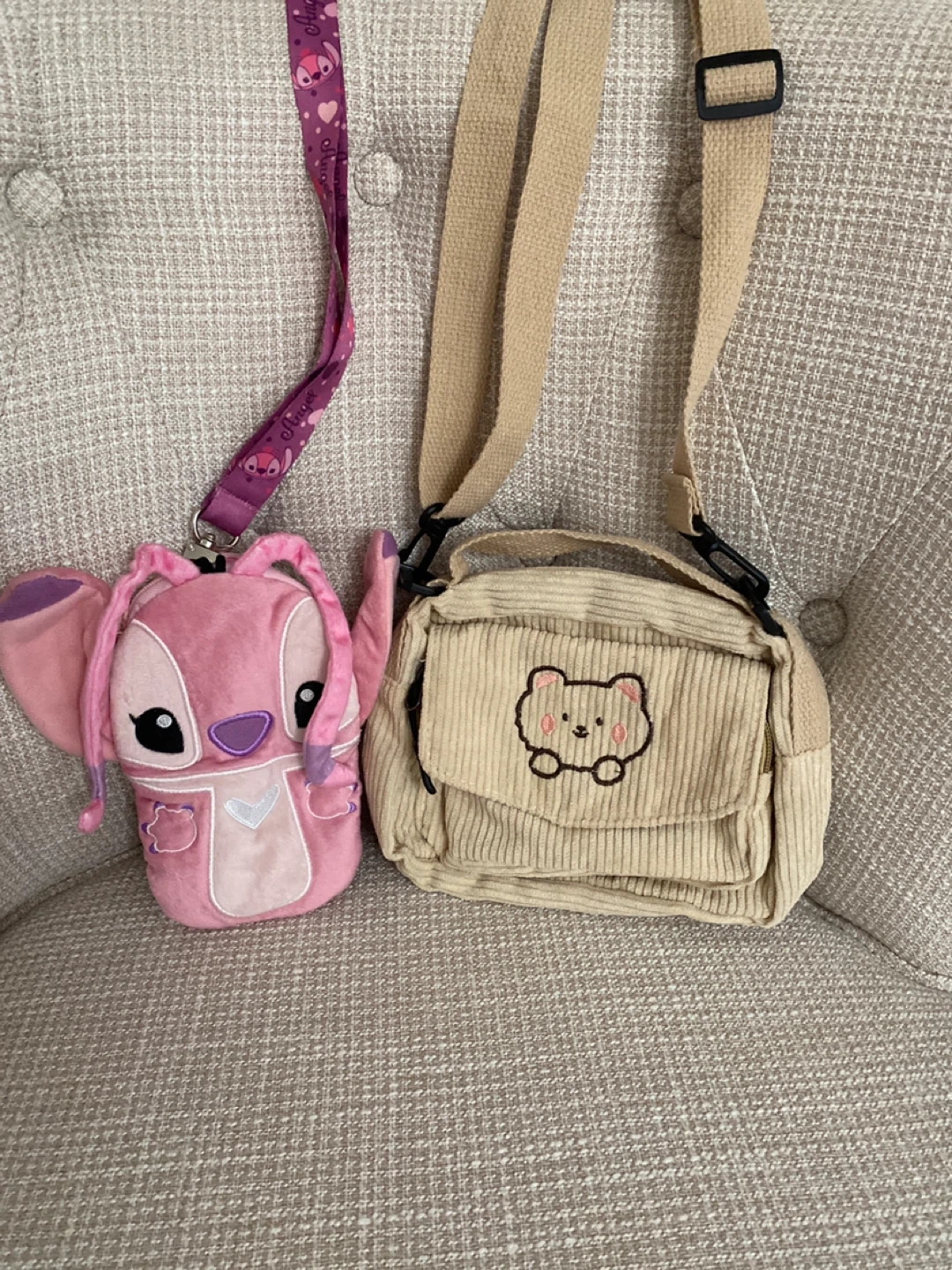 Pink Stitch Bag and Tan Bear Corduroy Bag