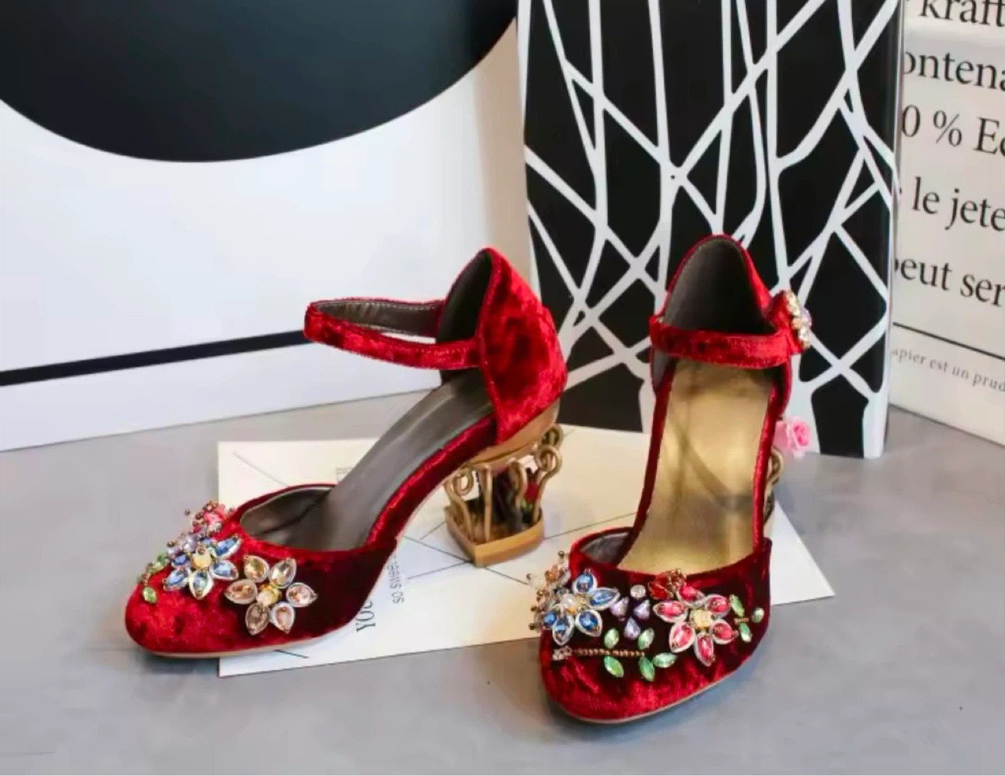 Red Velvet Mary Jane Heels with Floral Embellishments