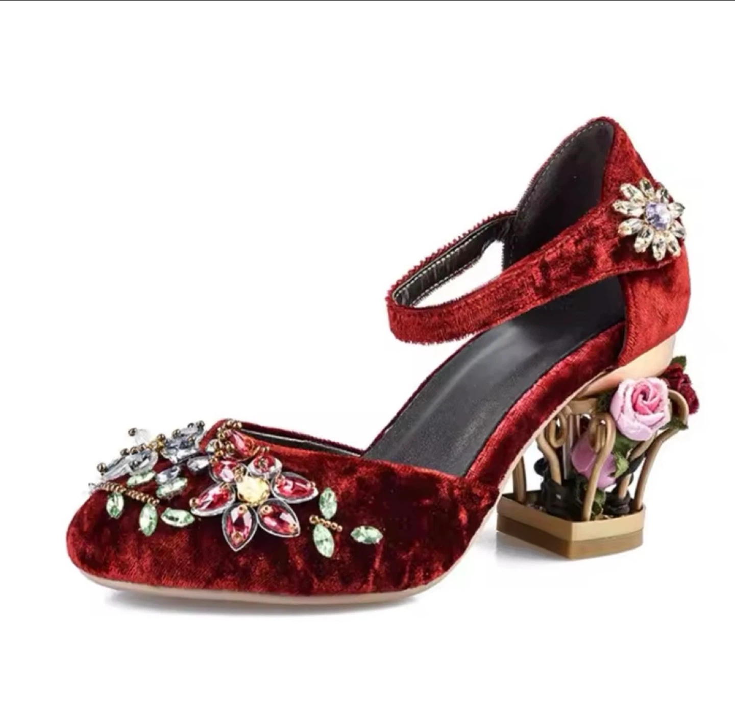 Red Velvet Mary Jane Heels with Floral Embellishments - photo 2