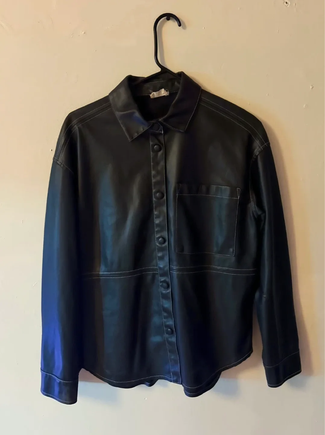 Black Faux Leather Button-Up Jacket