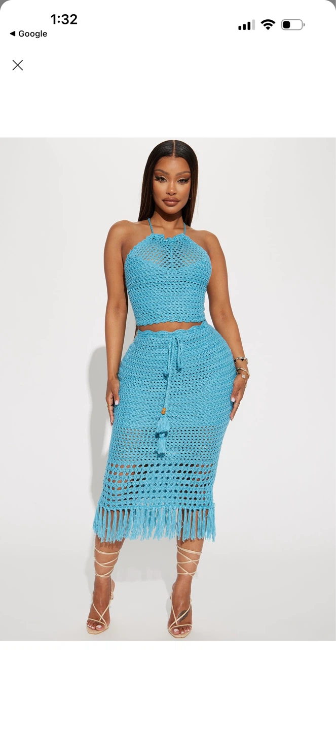 Crocheted Halter Top and Midi Skirt Set - Blue