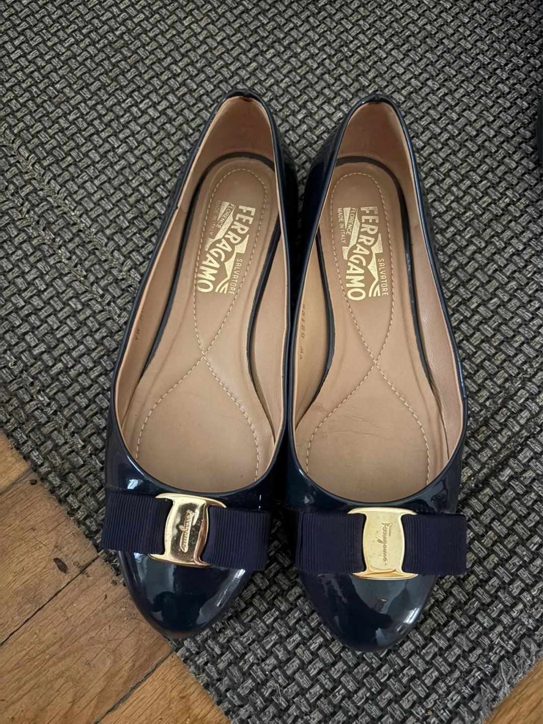 Salvatore Ferragamo Navy Blue Patent Leather Bow Flats