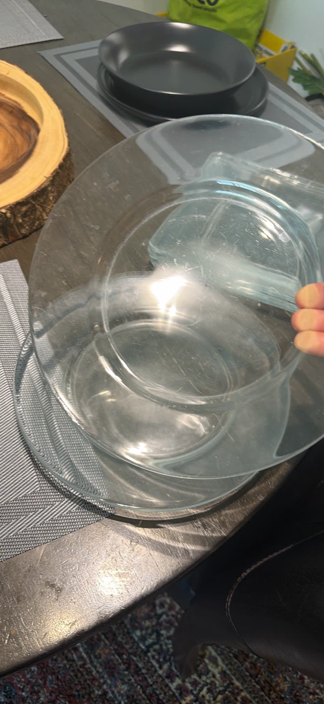 Glass charger plates and shower curtain rings