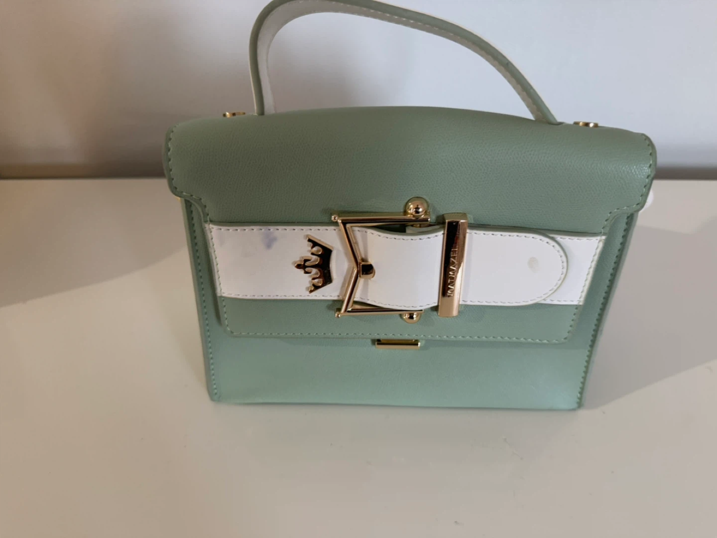 MAYMAZEL Sage Green Mini Handbag with White Accents
