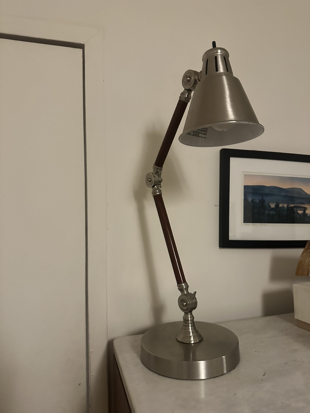 Adjustable Desk Lamp with Silver Finish and Wood Accents