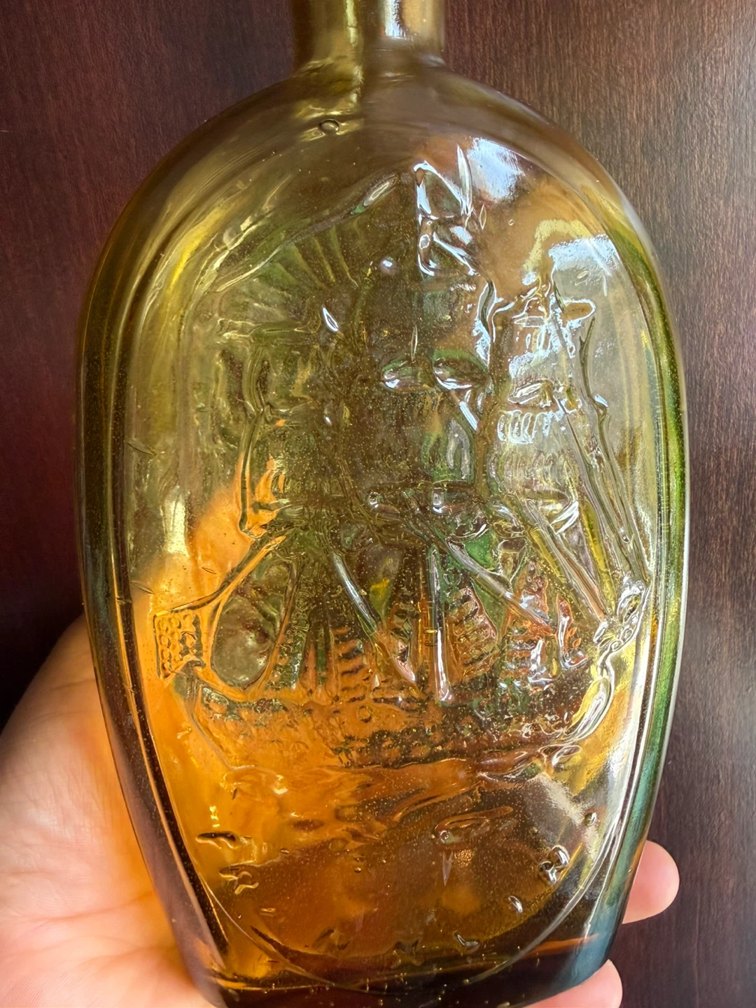 Vintage Amber Wheaton Glass Flask Bottle Frigate Ship & Eagle - photo 2