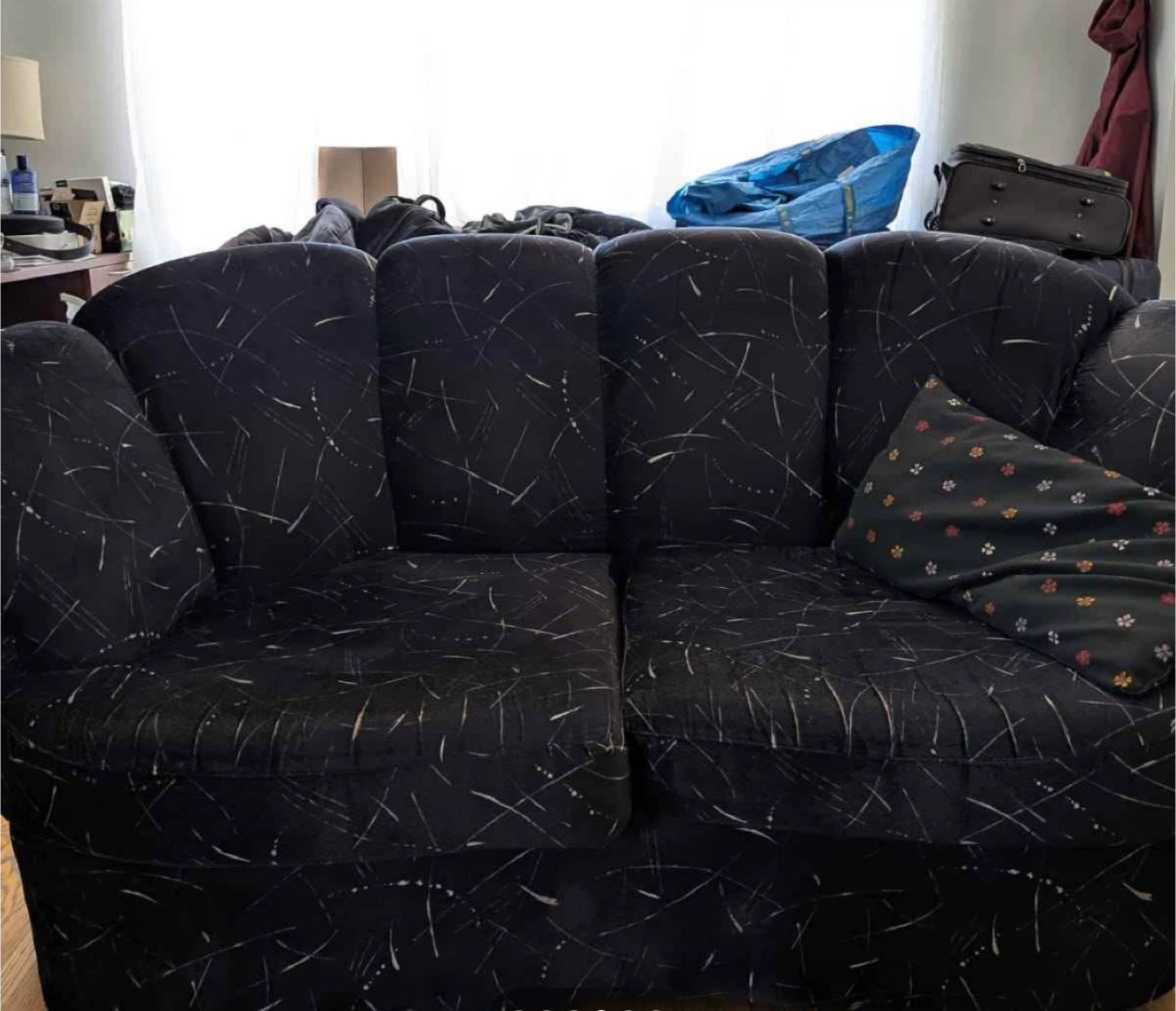 3-pc Black couch with modern abstract pattern