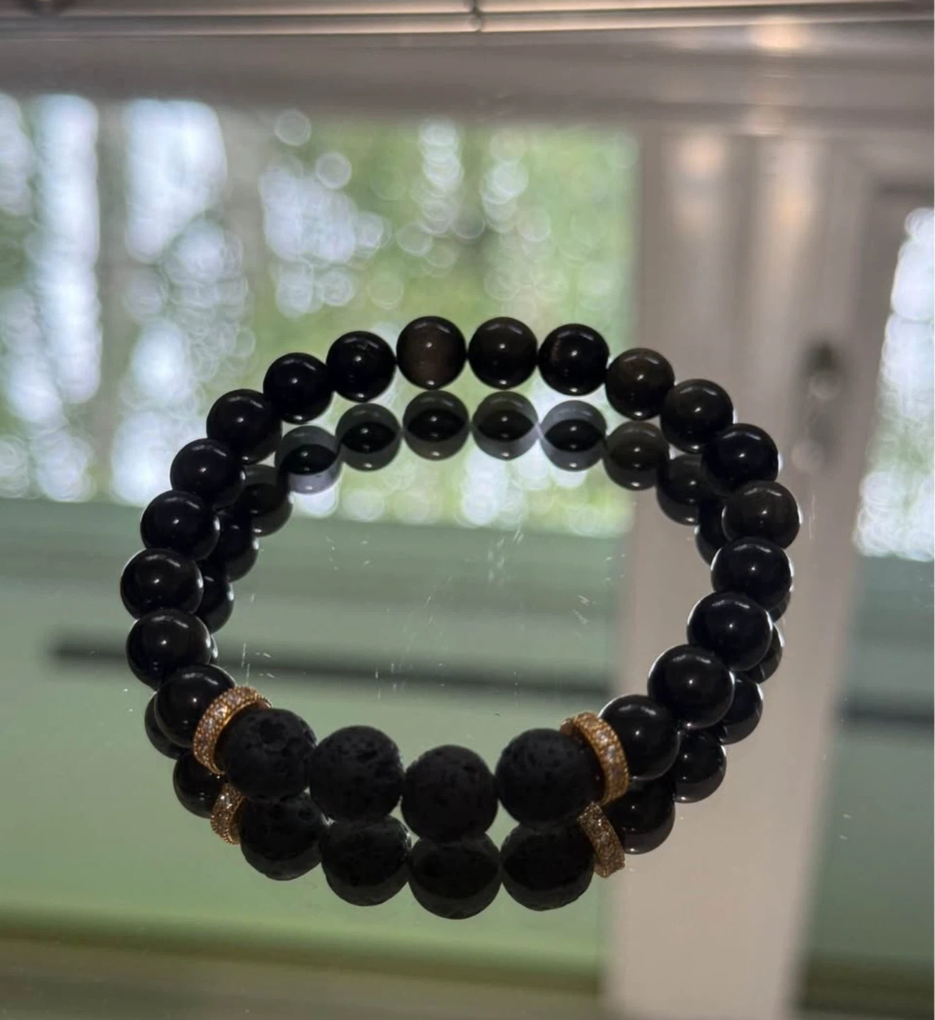Black Obsidian & Lava Stone Bead Bracelet – Gold Accents