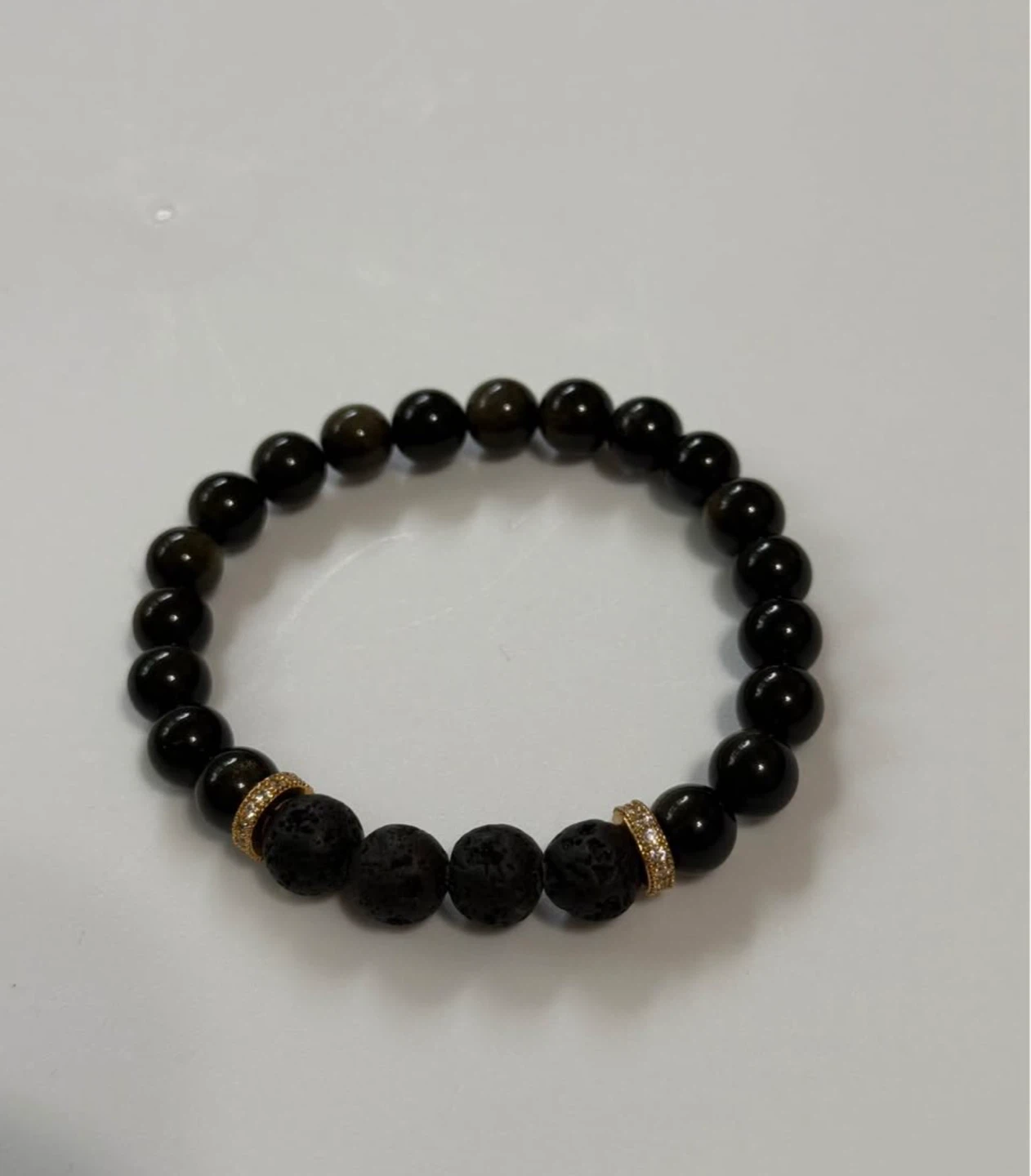 Black Obsidian & Lava Stone Bead Bracelet – Gold Accents - photo 2