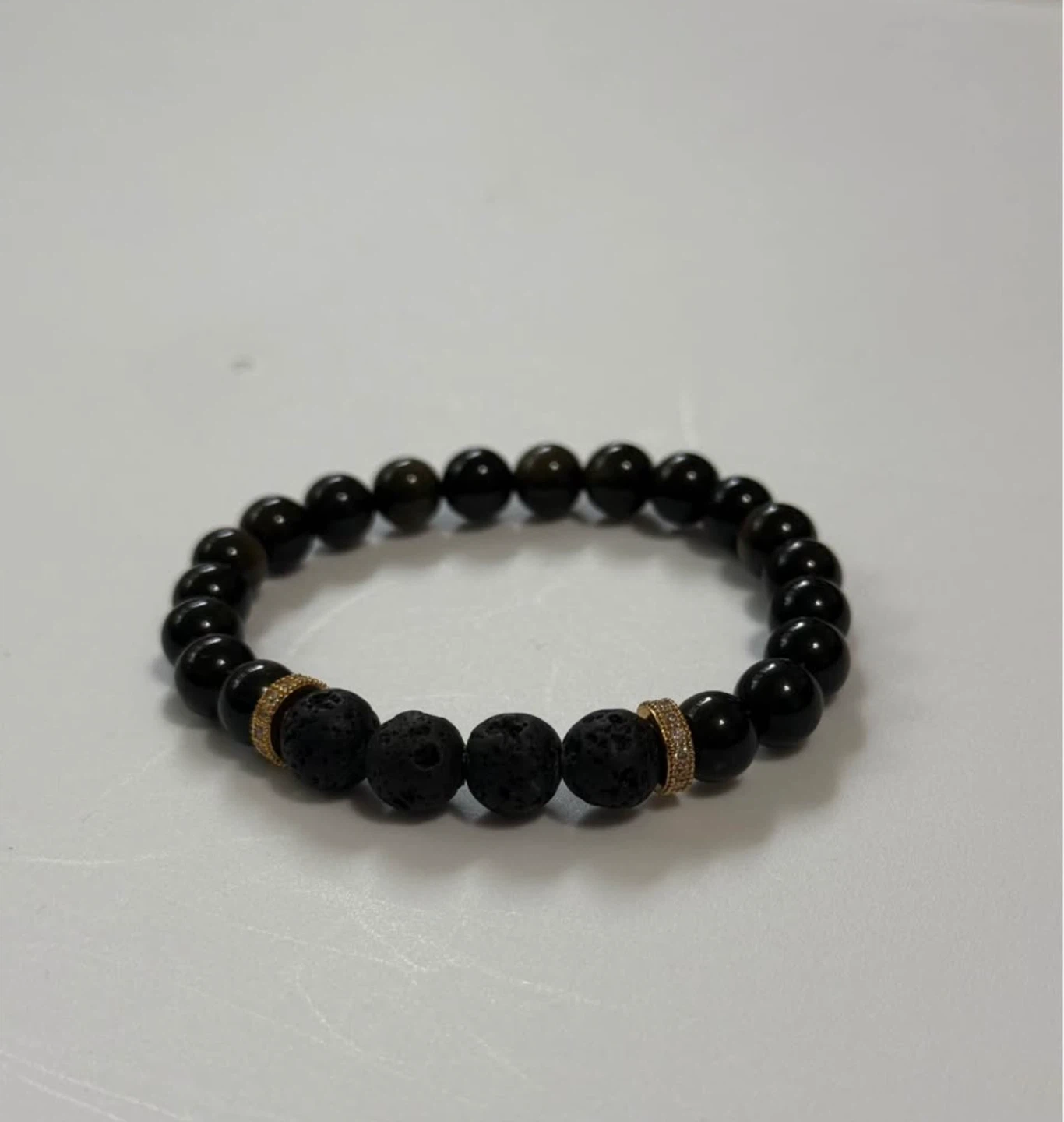 Black Obsidian & Lava Stone Bead Bracelet – Gold Accents - photo 3