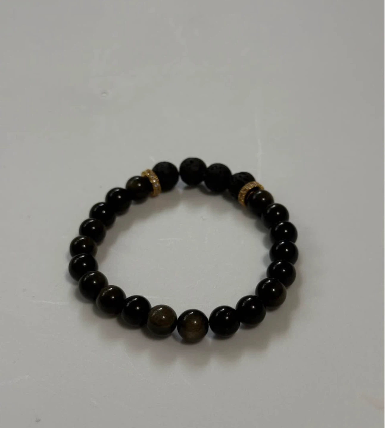 Black Obsidian & Lava Stone Bead Bracelet – Gold Accents - photo 4