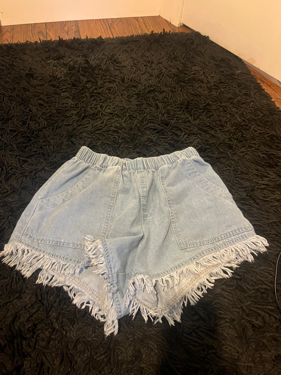 Light Wash Denim Shorts with Fringed Hem - photo 2