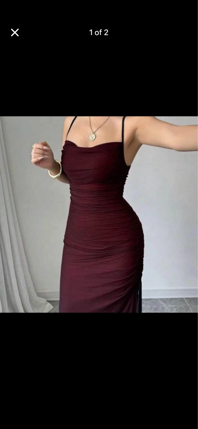 Burgundy Ruched Mesh Maxi Dress