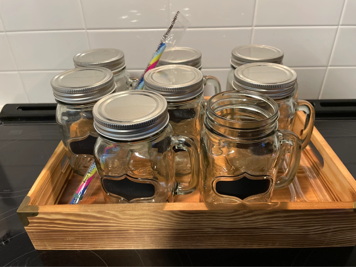 Set of 8 Glass Mason Jar Mugs with Labels & Straws