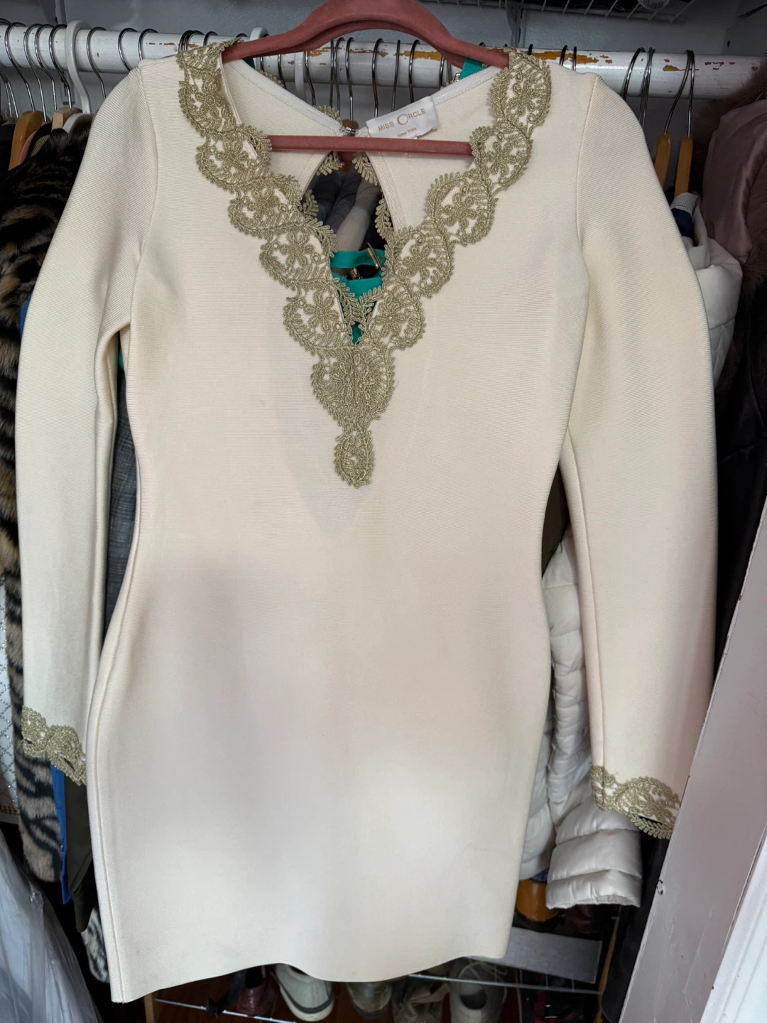 Miss Circle New York Cream & Gold Lace Trim Dress