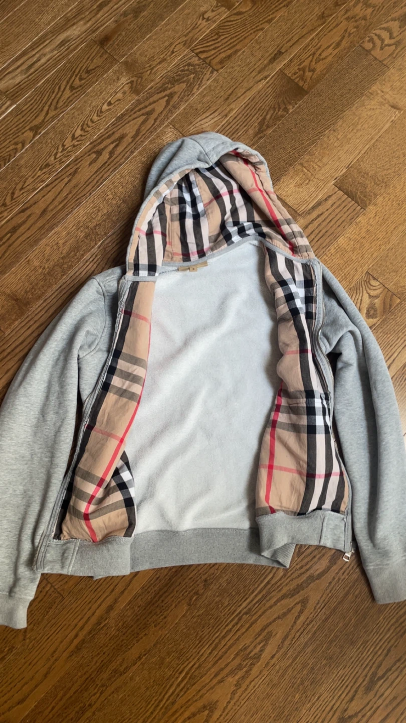 Burberry Grey Zip-Up Hoodie with Classic Plaid Lining