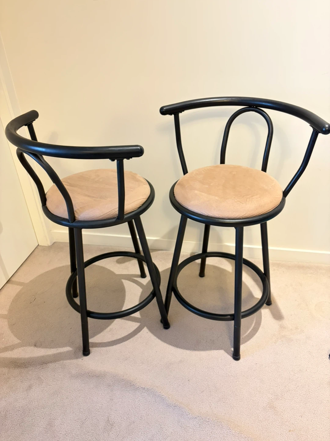 Set of 2 Black Metal Bar Stools with Tan Cushions