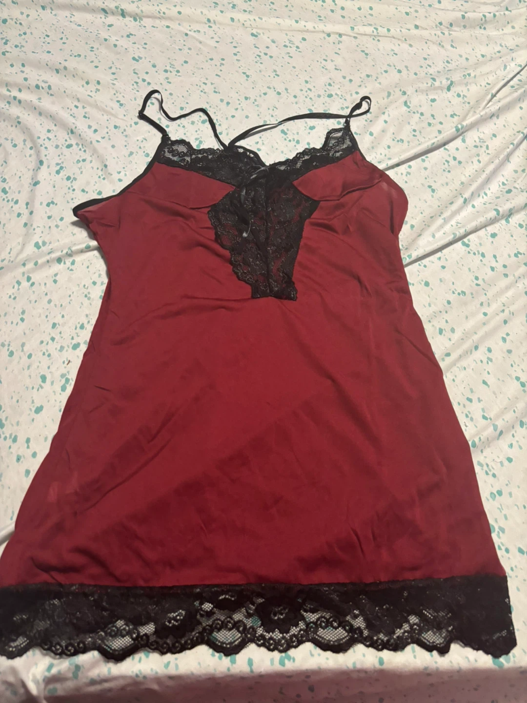 Burgundy Satin Camisole with Black Lace Trim