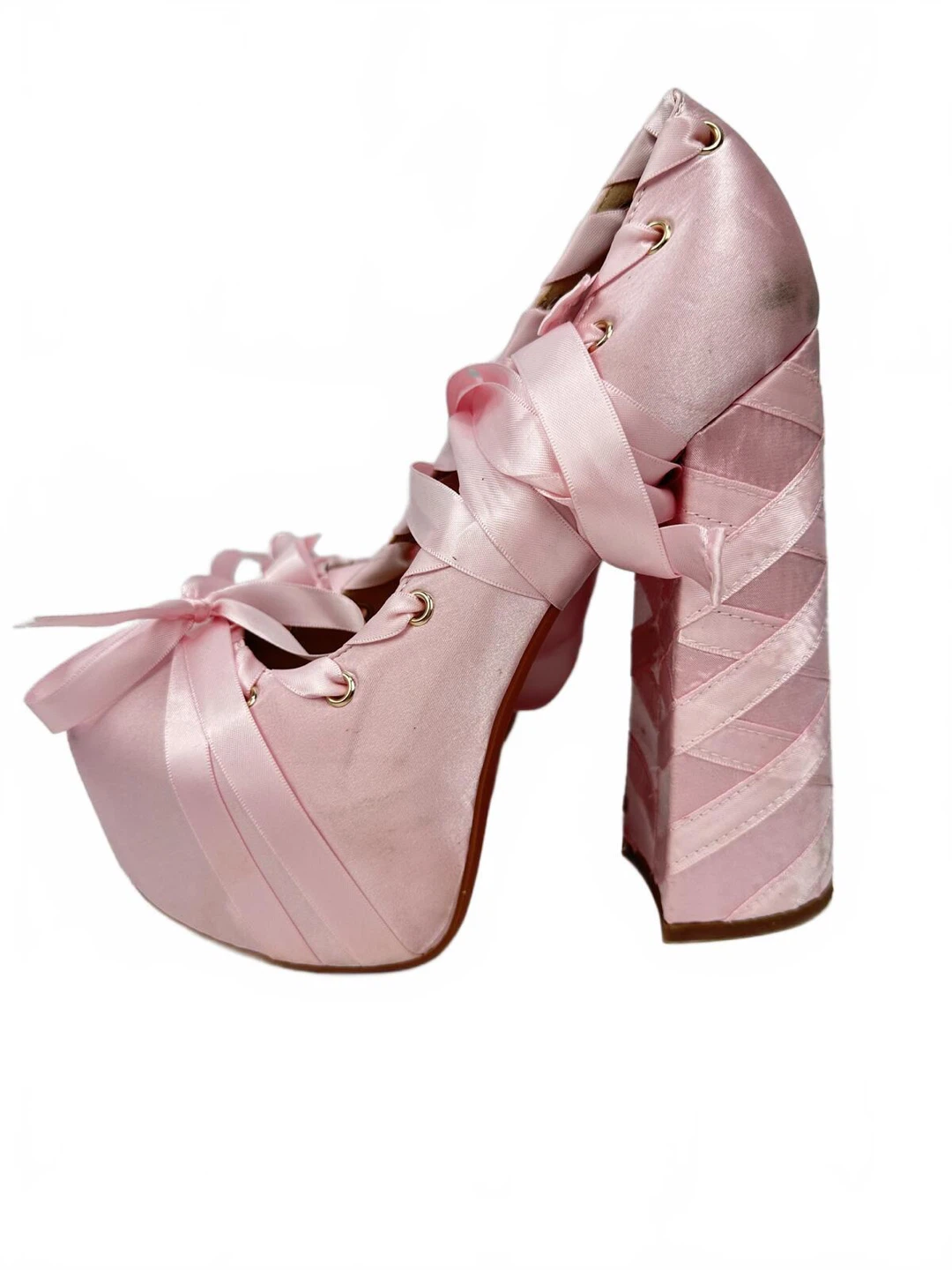 Pink Satin Lace-Up Platform Satin Block Heel Pumps Size 38 - photo 4