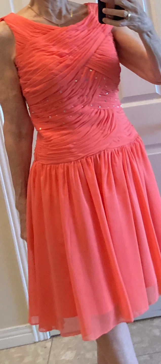 Elegant Coral Ruched Chiffon Dress with Sparkle Accents - photo 4