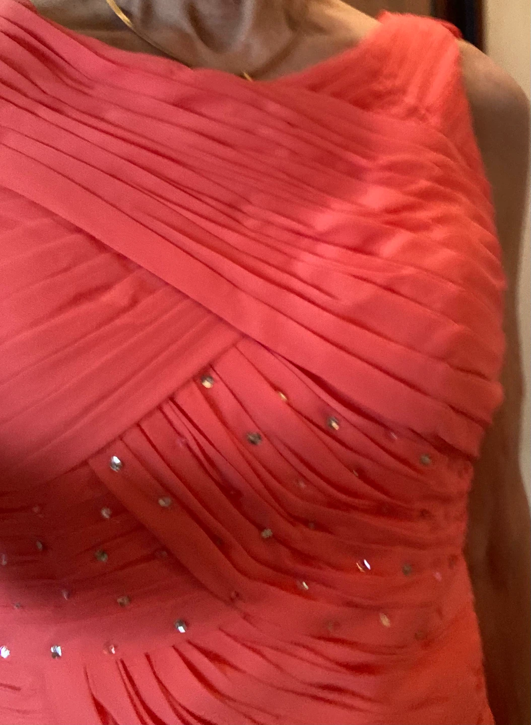 Elegant Coral Ruched Chiffon Dress with Sparkle Accents - photo 3