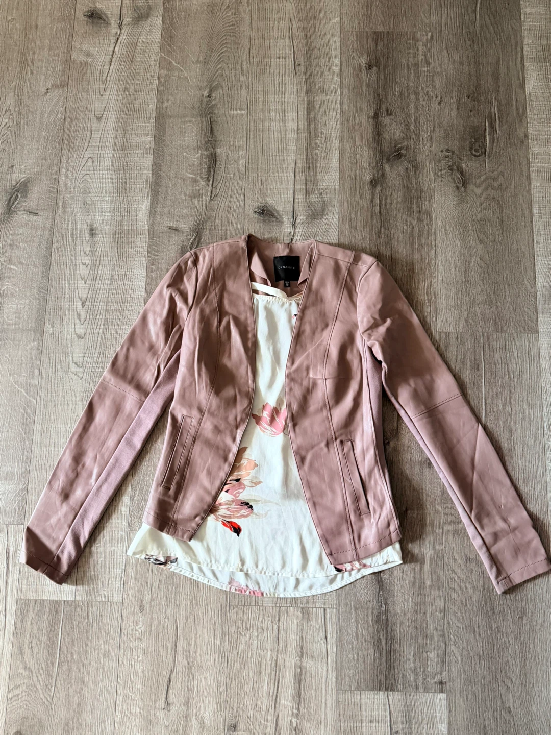 Pink Faux Leather Blazer with Floral Top - photo 2