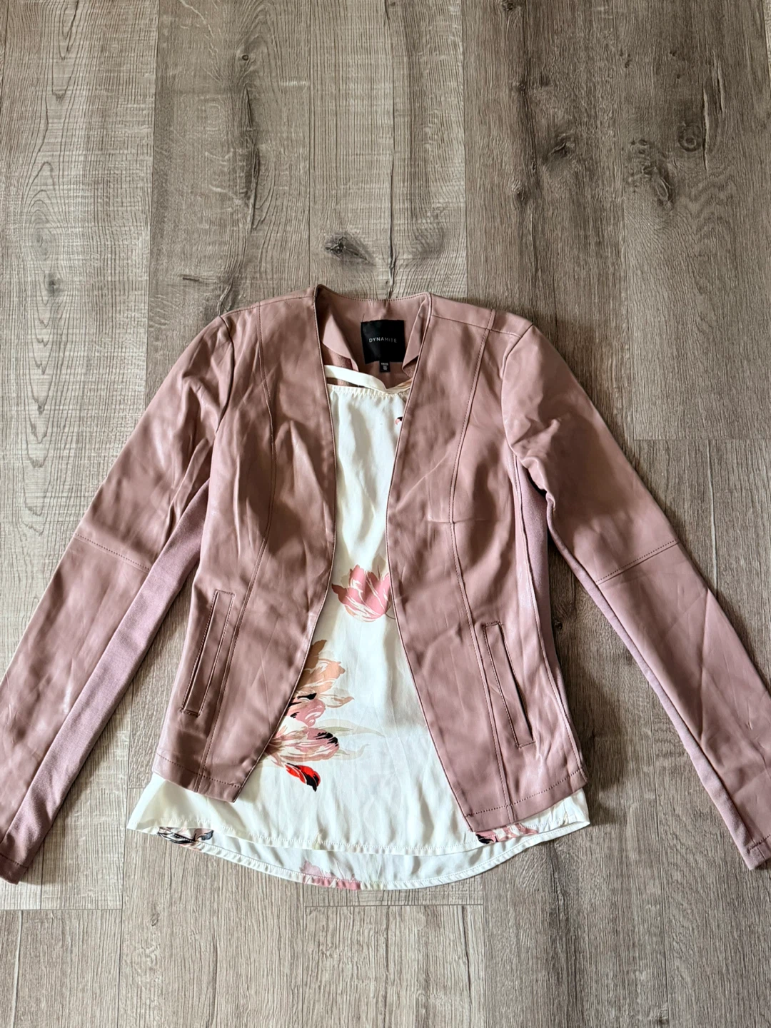 Pink Faux Leather Blazer with Floral Top