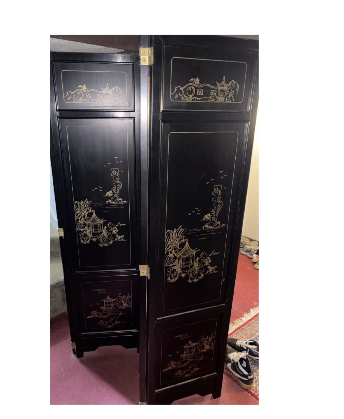 Cherry brown Folding Screen Divider with Gold Asian Scenery