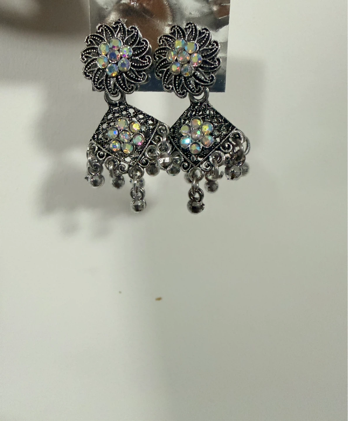 Silver Jhumka Earrings with Rhinestones - photo 2