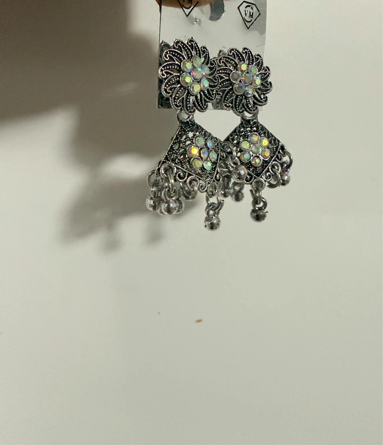 Silver Jhumka Earrings with Rhinestones - photo 3