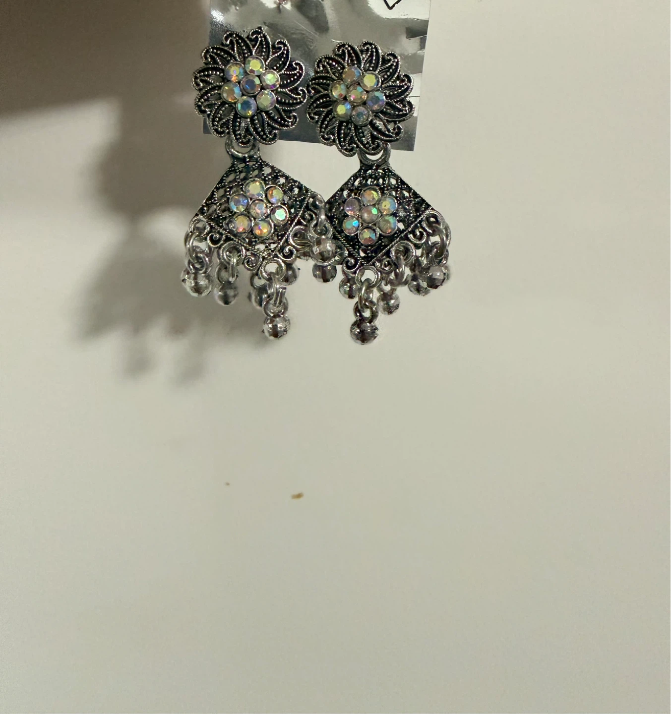 Silver Jhumka Earrings with Rhinestones - photo 4