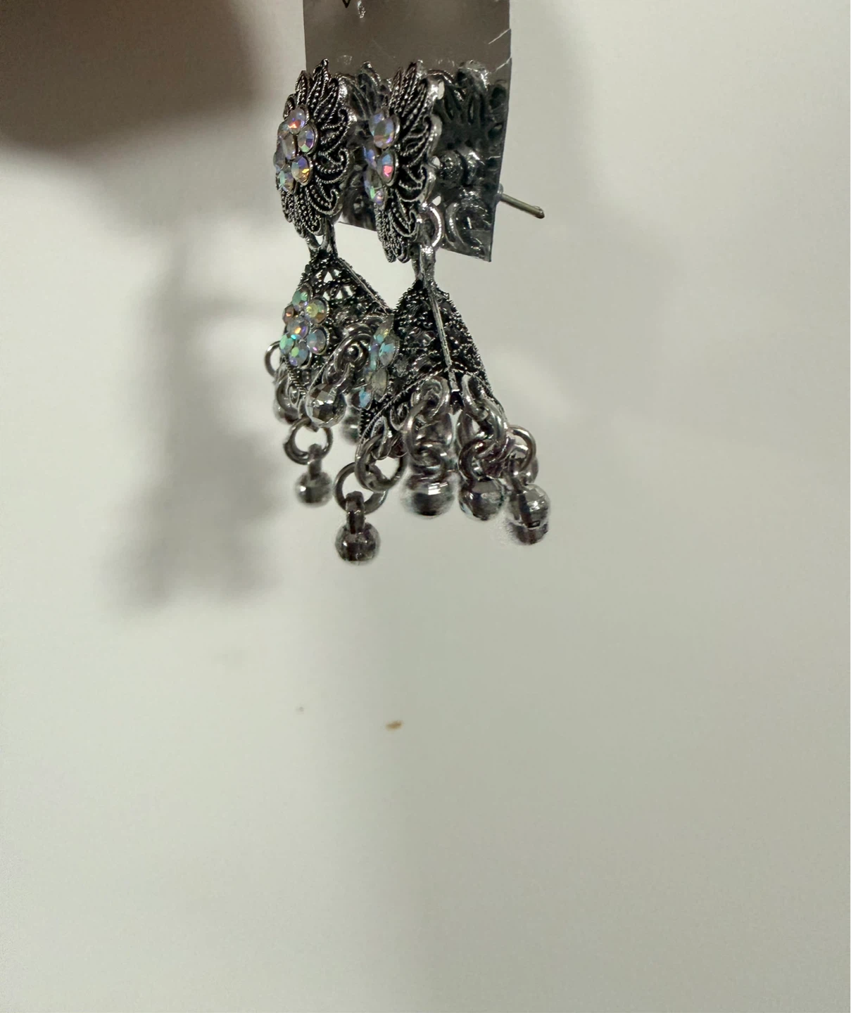 Silver Jhumka Earrings with Rhinestones - photo 5