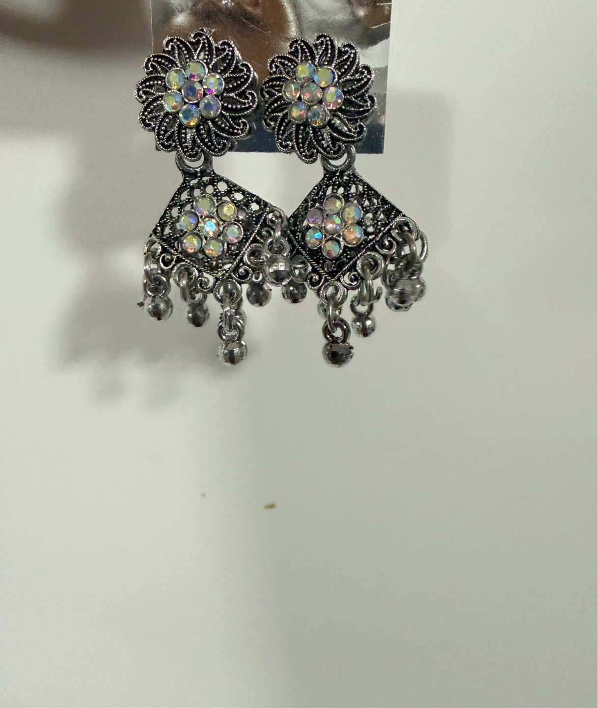 Silver Jhumka Earrings with Rhinestones