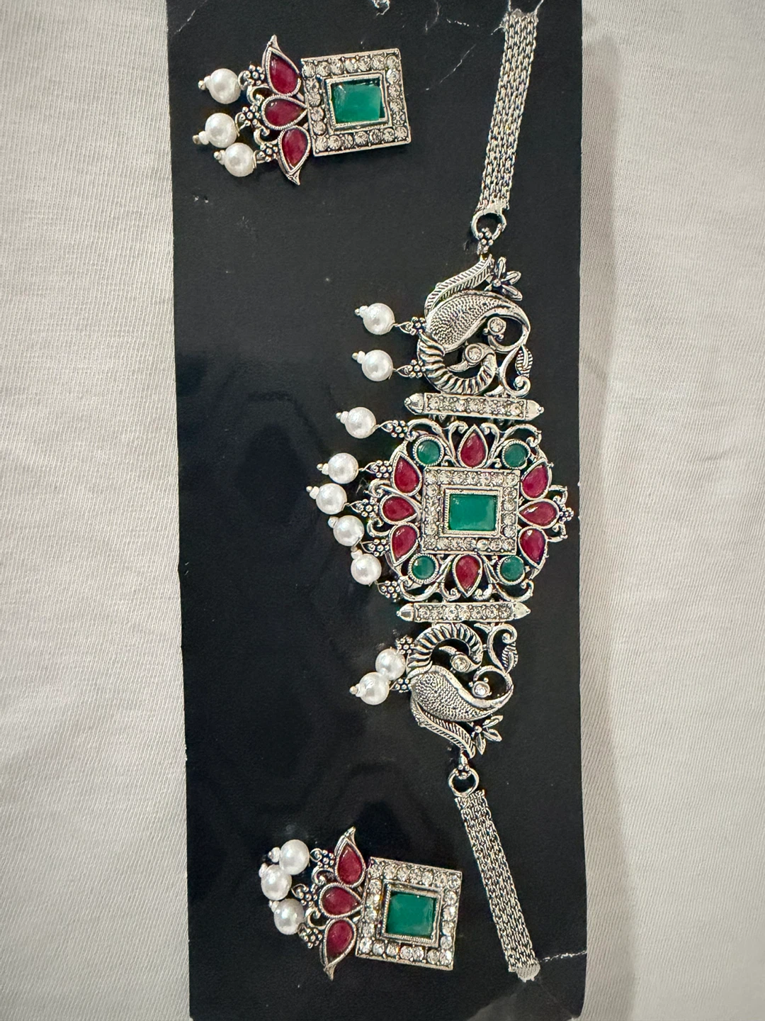 Silver Peacock Choker Necklace Set with Red and Green Stones - photo 3
