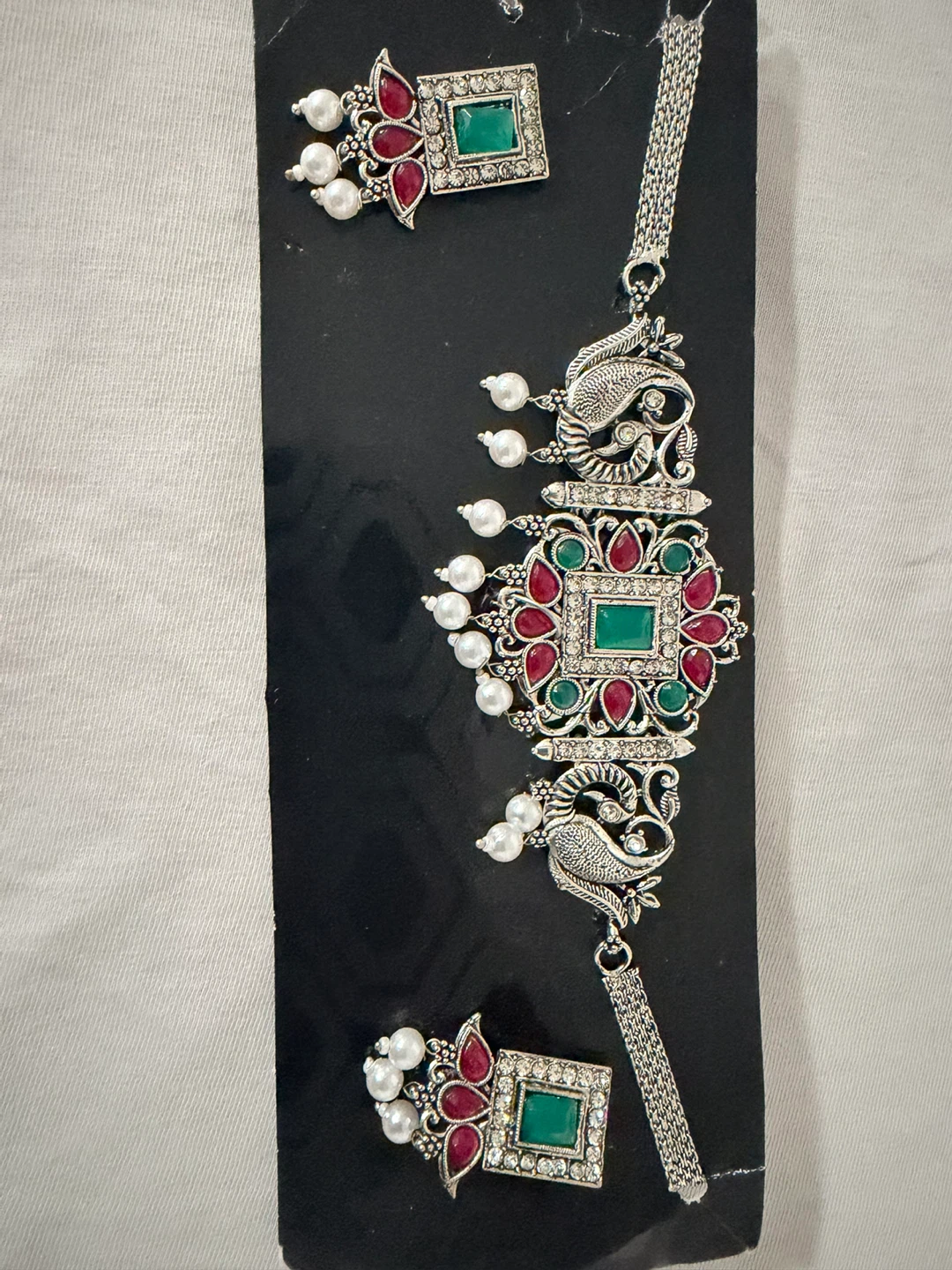 Silver Peacock Choker Necklace Set with Red and Green Stones