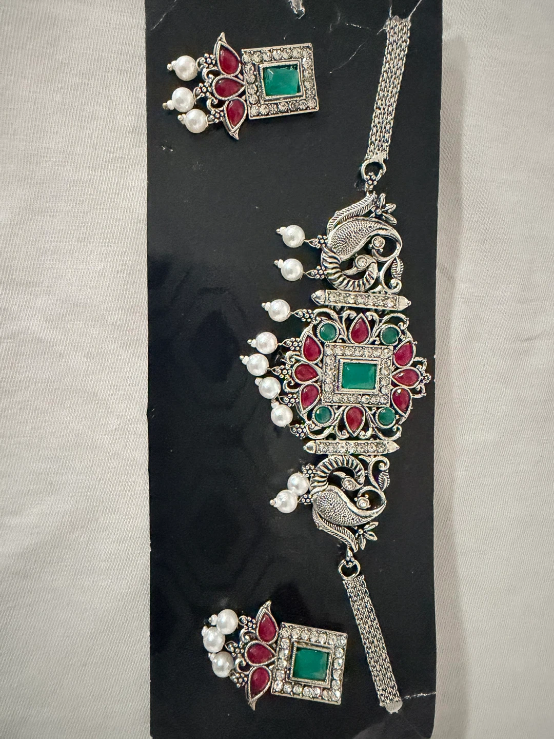 Silver Peacock Choker Necklace Set with Red and Green Stones - photo 2